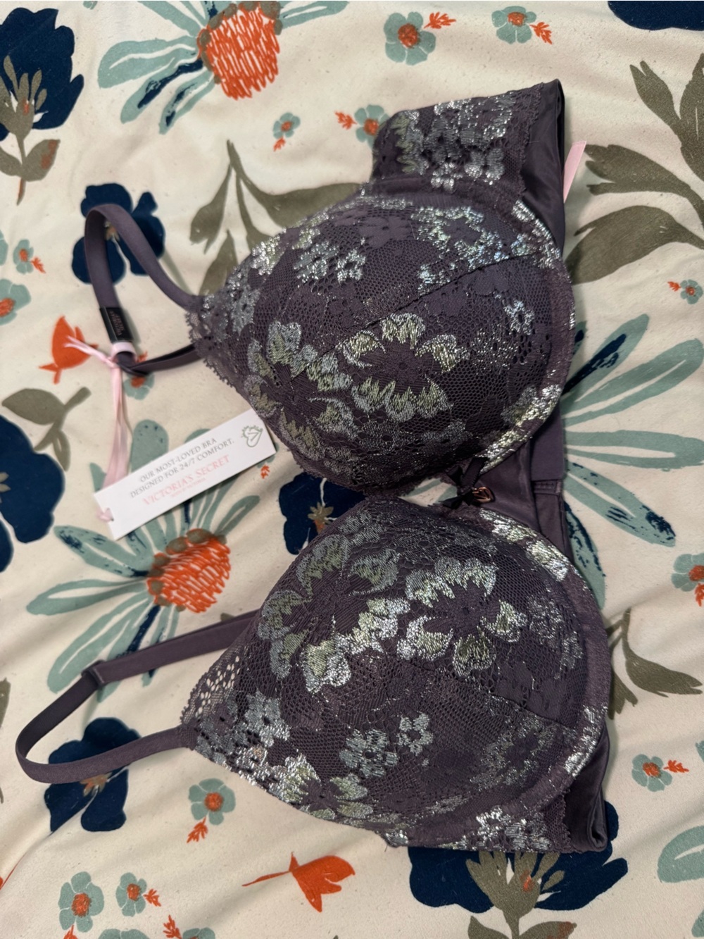 Victoria's Secret Purple Lace Bra with Silver Floral Shine